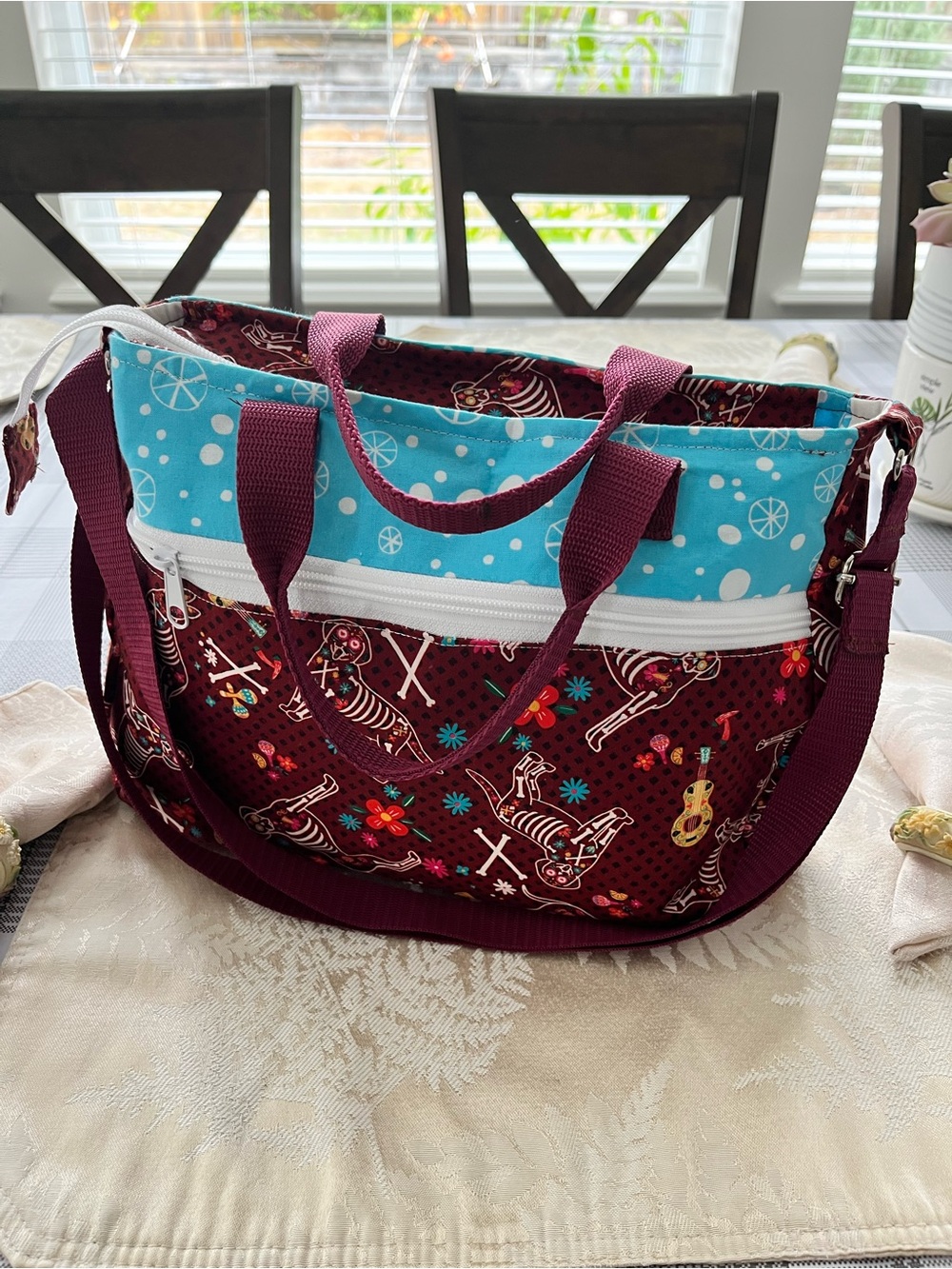 Maroon & Turquoise Patterned Tote Bag